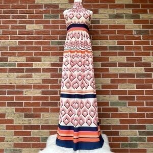 🌷 Eliza J Geometric Print White Pink Multicolor Boho Halter Maxi Dress